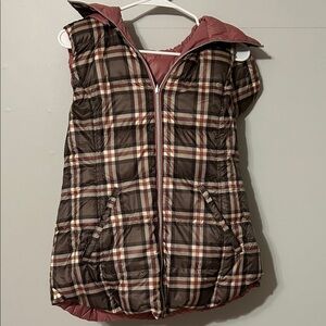 ANORAK Plaid Reversible Puffer Vest - Brown, cream, raspberry/pink. With pouch.